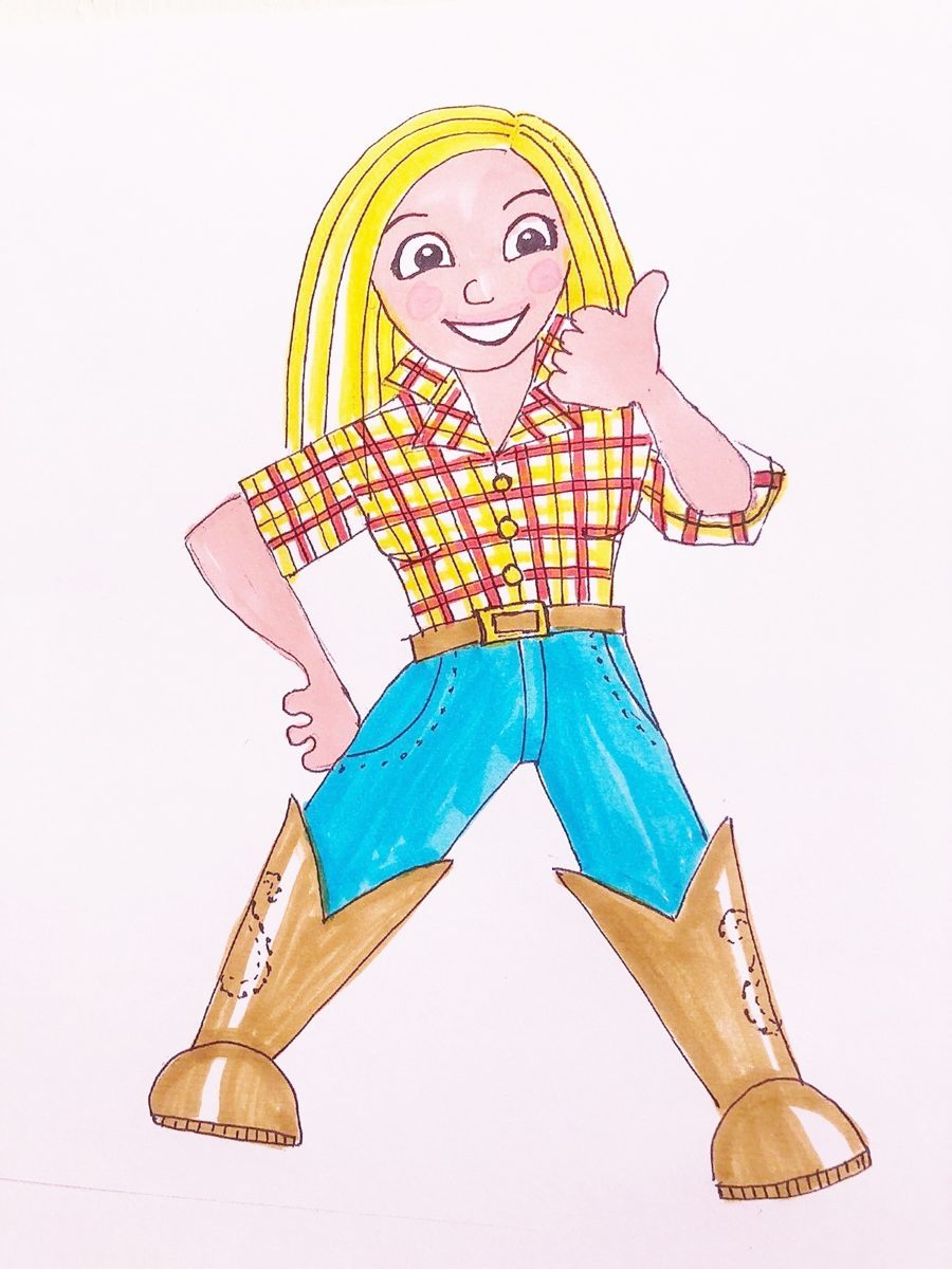 A drawing of a person wearing long brown bots with blue jeans and a belt with a checkered shirt and yellow hair.
