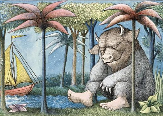 An image of a massive beat with horns sitting in a forest beside a body of water with a boat approaching, the beast is sleeping and it is night time.