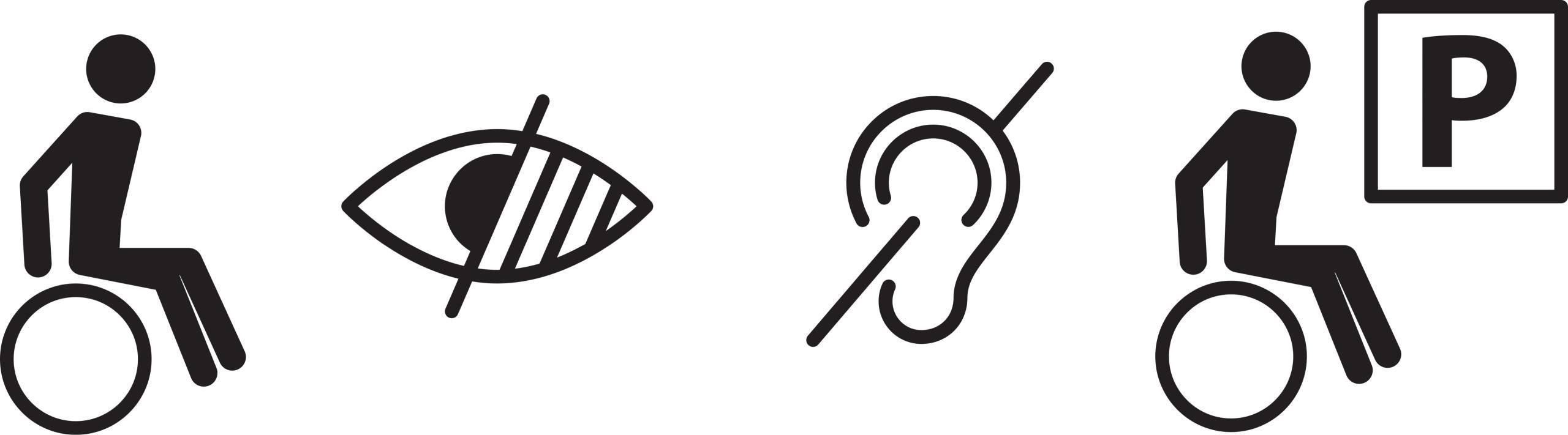 Multiple images in black, from left to right, a person in a wheelchair, an eye with half of it blanked out, an ear with a diagonal line through it, a person in a wheelchair with the letter 'P' in a black box on the right