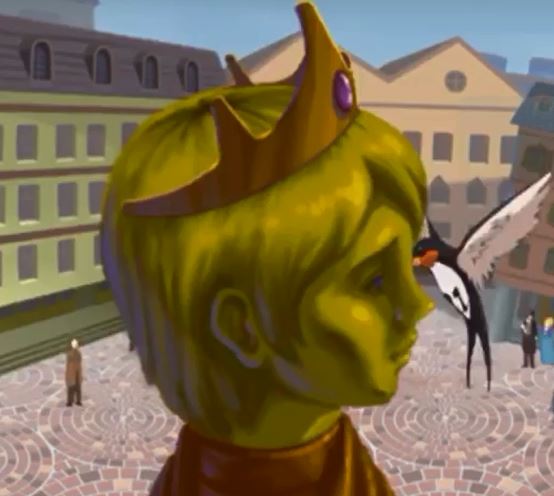 An image of a person made of gold with a crown. A bird is seen flying in front of the person and there are buildings in the background. The image has an animated look.