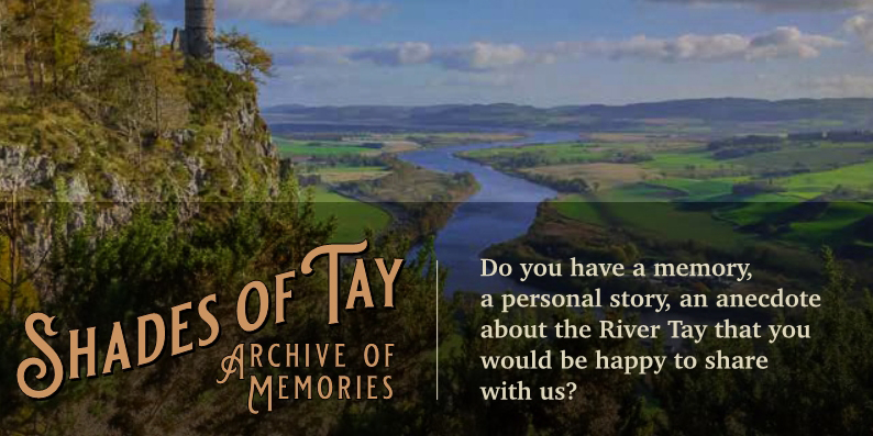 An image of a River with green fields on either side and a rocky cliff face on the left hand side. Text at the bottom of the image reads 'shades of tay archive of the memories'