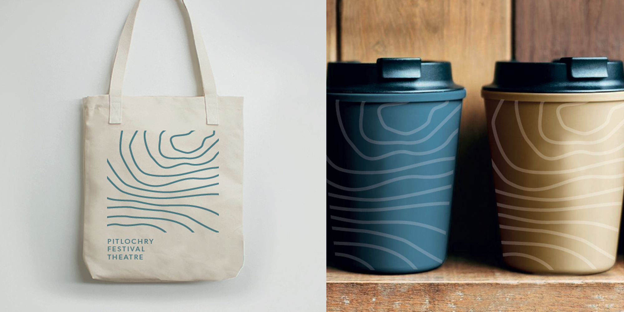 On the left hand side of the image is a cream canvas bag with the Theatre logo on it in a blue colour. On the right hand side are two coffee cups on a wooden shelf, one in a blue colour and one in a sandy golden colour.