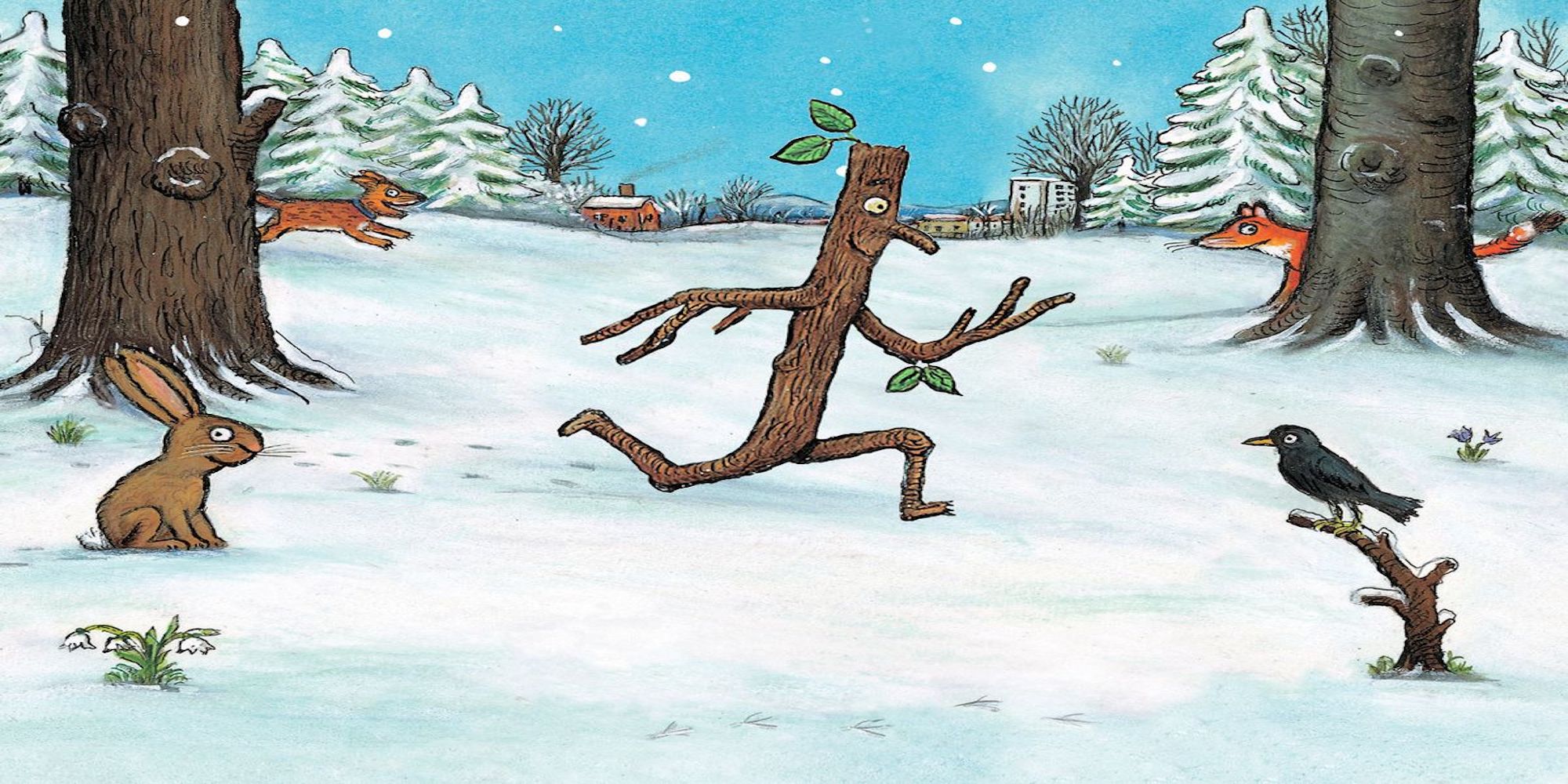 An image of a Stick given human features running across a snowy field with trees and buildings in the background. Woodland creatures can also be seen in the image.