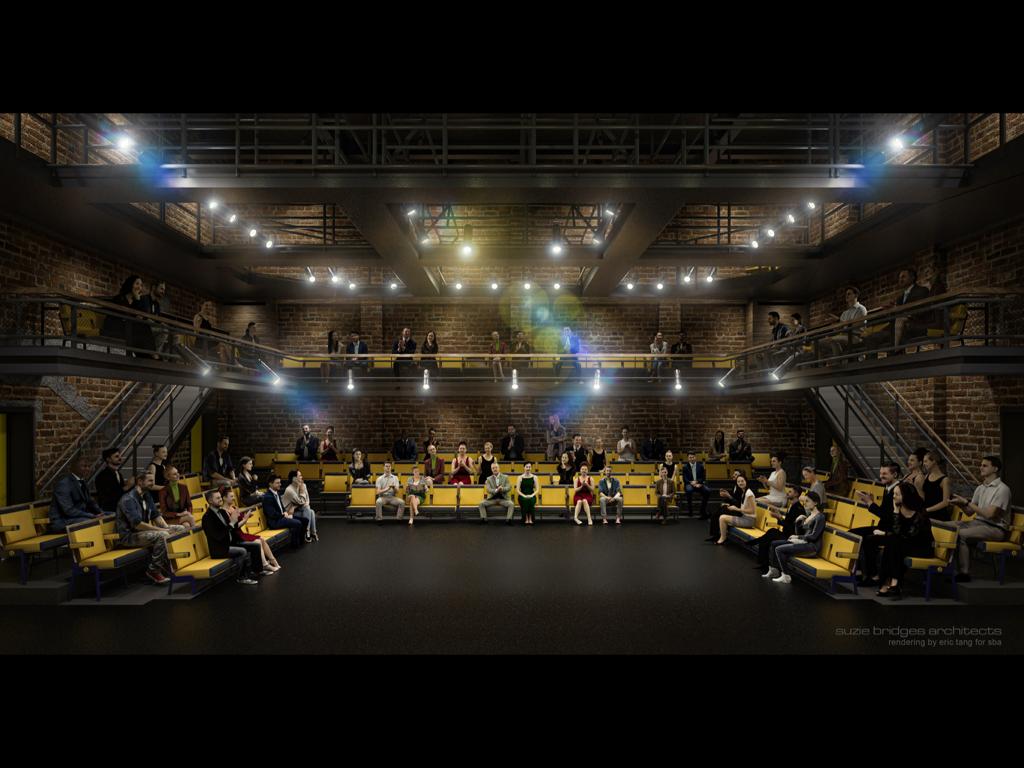 A digital mock up of an audience sitting in an auditorium with yellow seating and two floors, lights hang off the balcony of the first floor and also the ceiling above