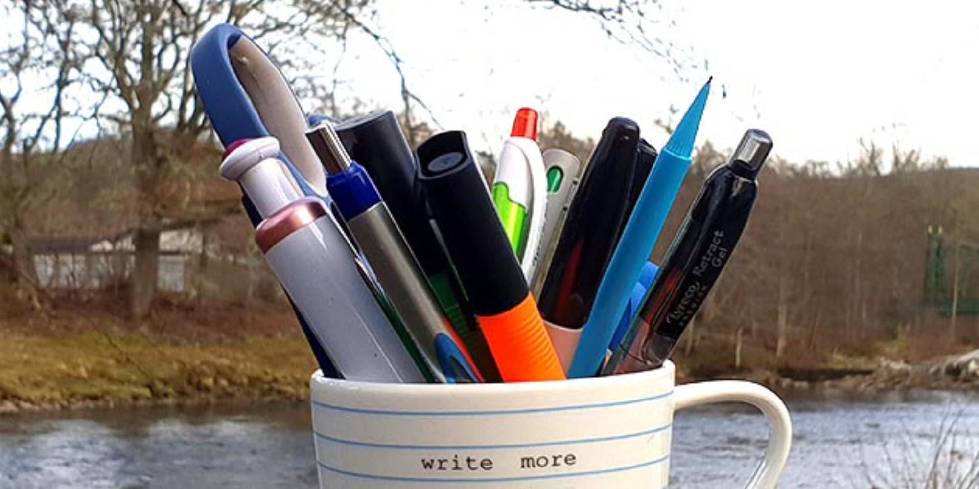 A cup full of pens in front of a River with the bank across from it filled with trees with no leaves