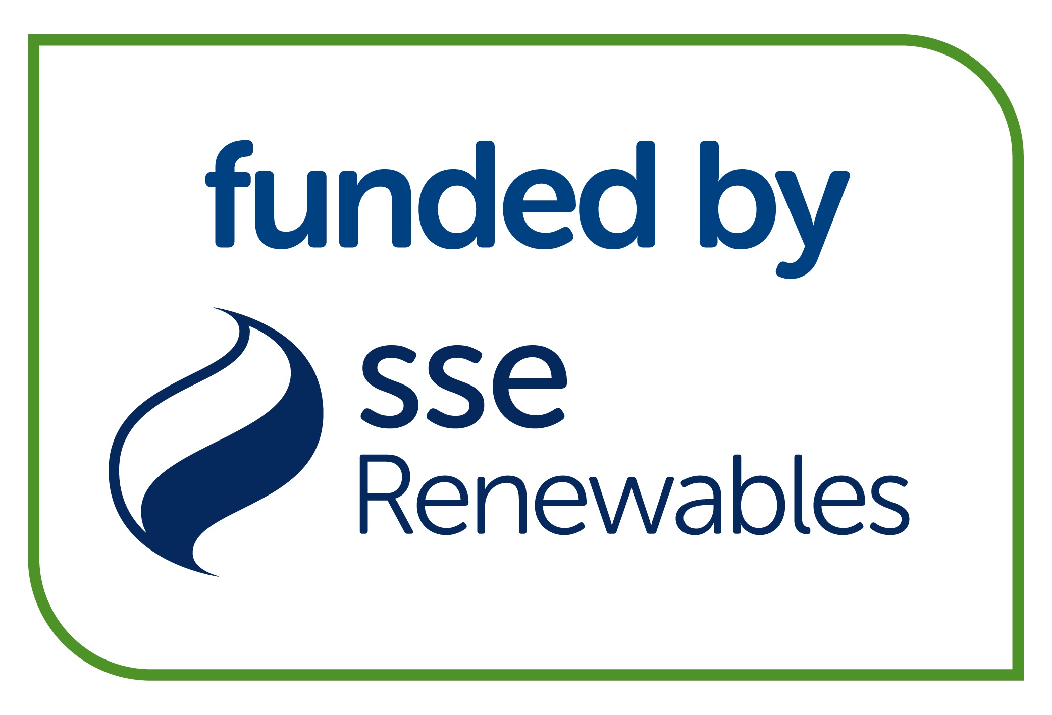 Blue text that reads 'funded by SSE Renewables' with a blue flame on the left hand side surrounded by a green frame