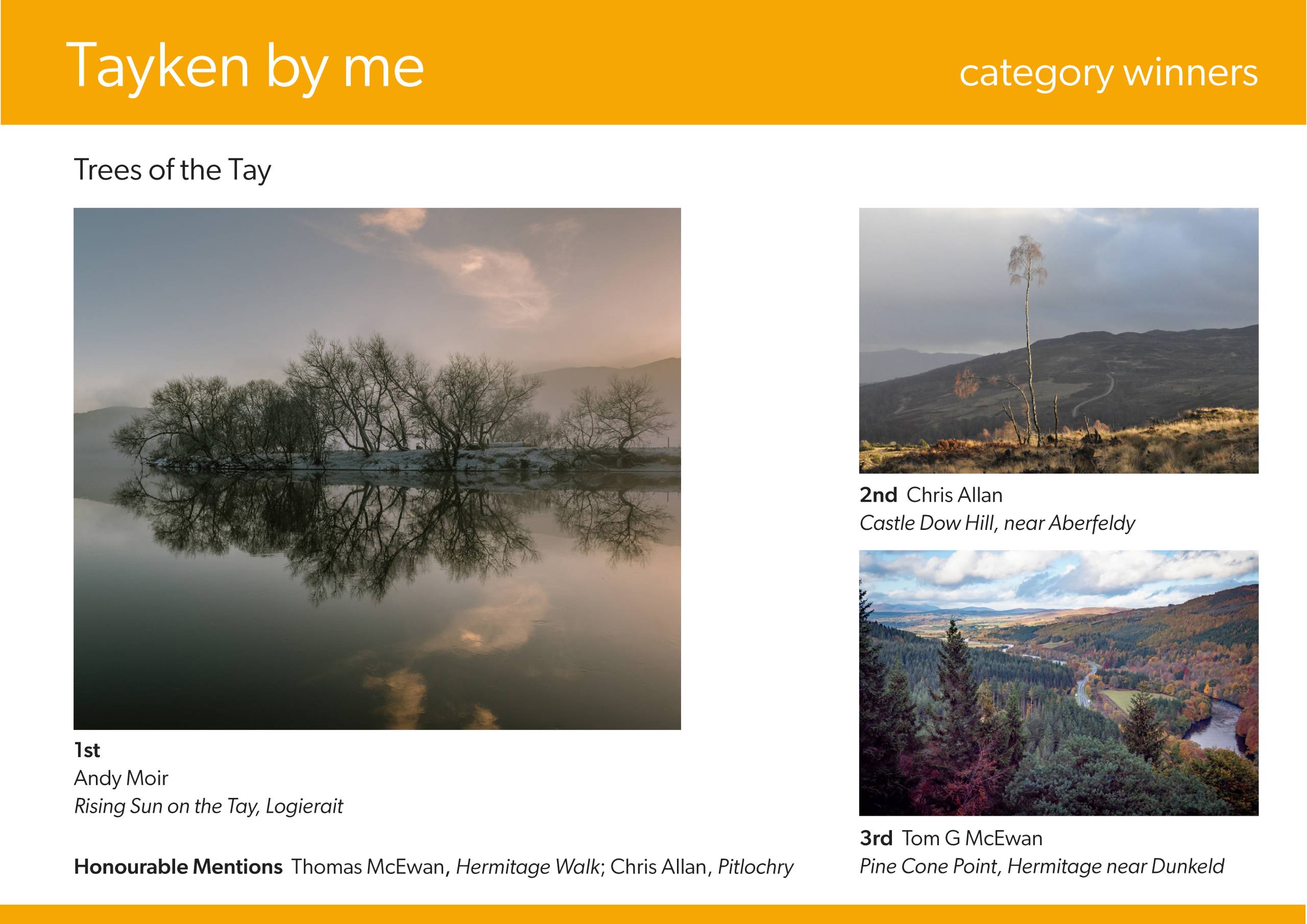 Three photos in a grid like display, one large photo on the left and two smaller one above the other on the right, a yellow banner on the top and bottom of the image with text about each photographer under each photo