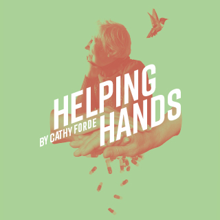 An older woman and 2 hand touching on a green backdrop with the words Helping Hands.